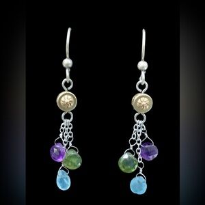 Brighton Silver and Gold Dangle Earrings with Multicolor Gemstones. NWOT